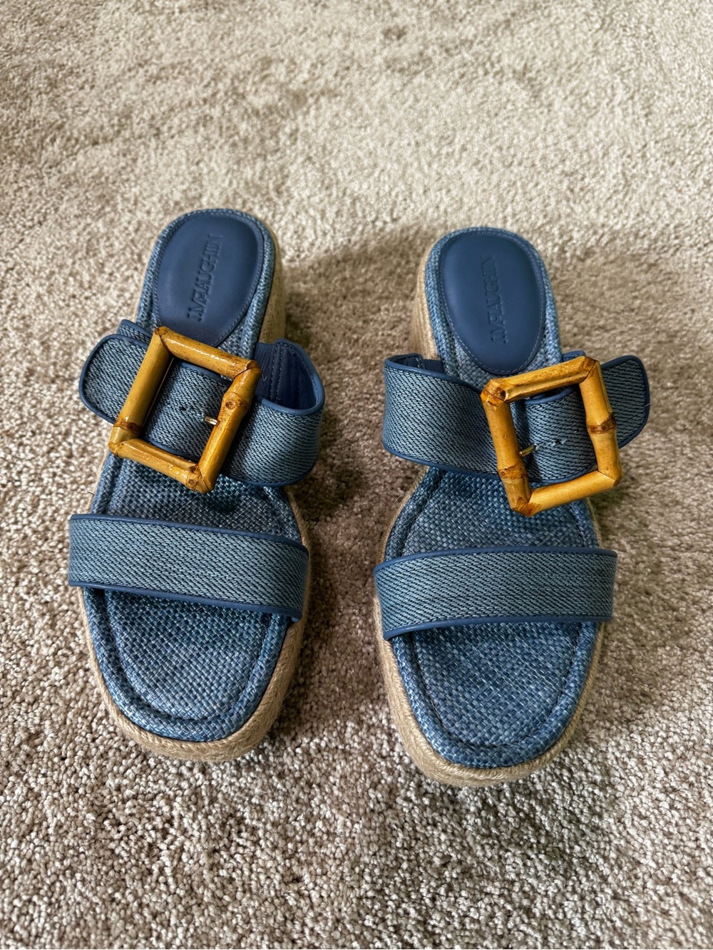 J. McLaughlin Fleur Wedge Blue Slide Sandals with Bamboo Buckles